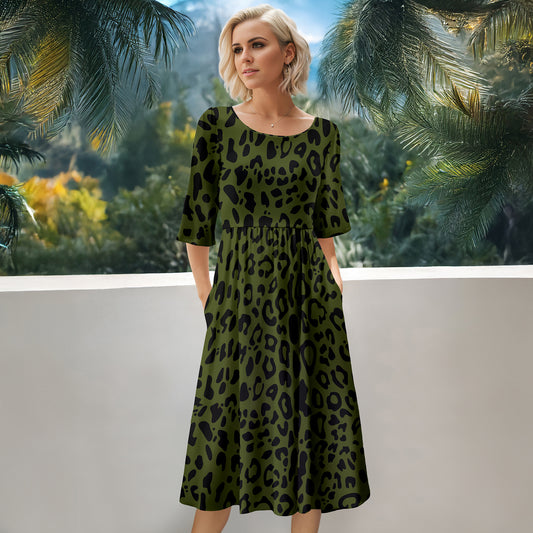 Three Quarter Sleeve Midi Dress with Pockets - Animal Print