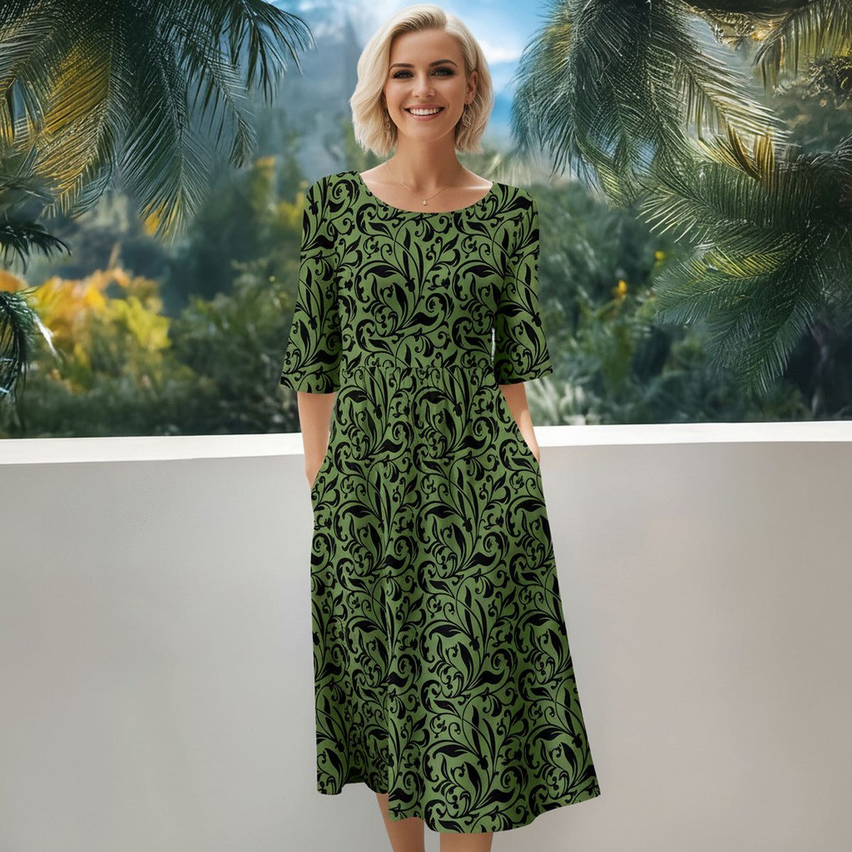 Three Quarter Sleeve Midi Dress with Pockets - Floral