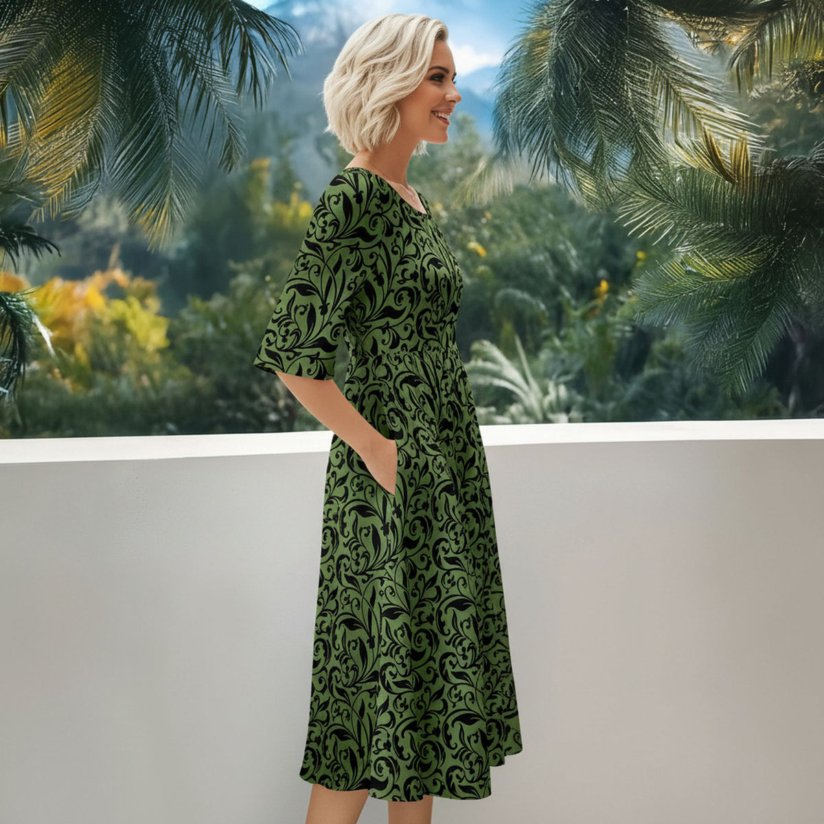 Three Quarter Sleeve Midi Dress with Pockets - Floral
