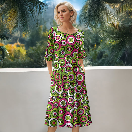 Three Quarter Sleeve Midi Dress with Pockets - Geometric