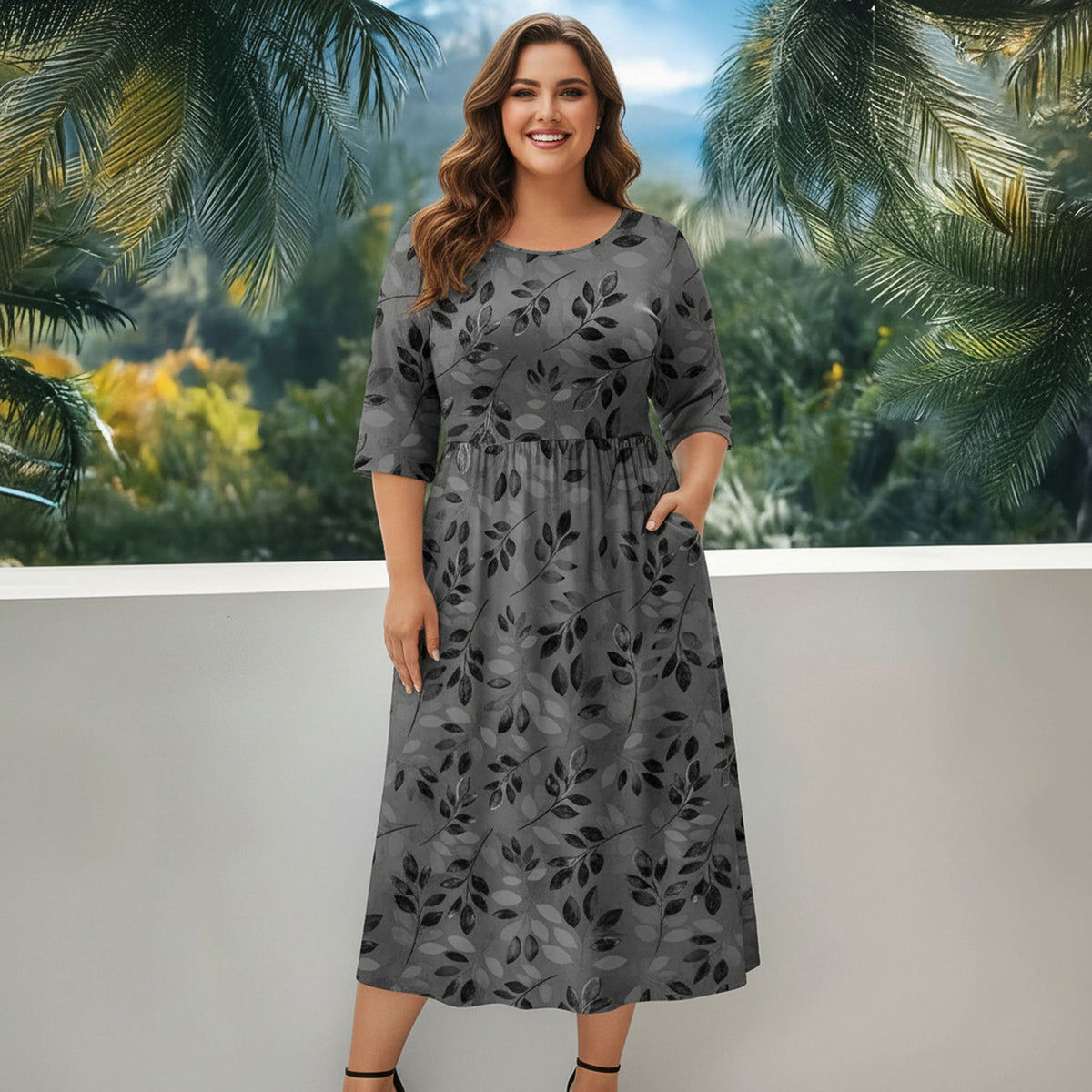 Three Quarter Sleeve Midi Dress with Pockets - Floral