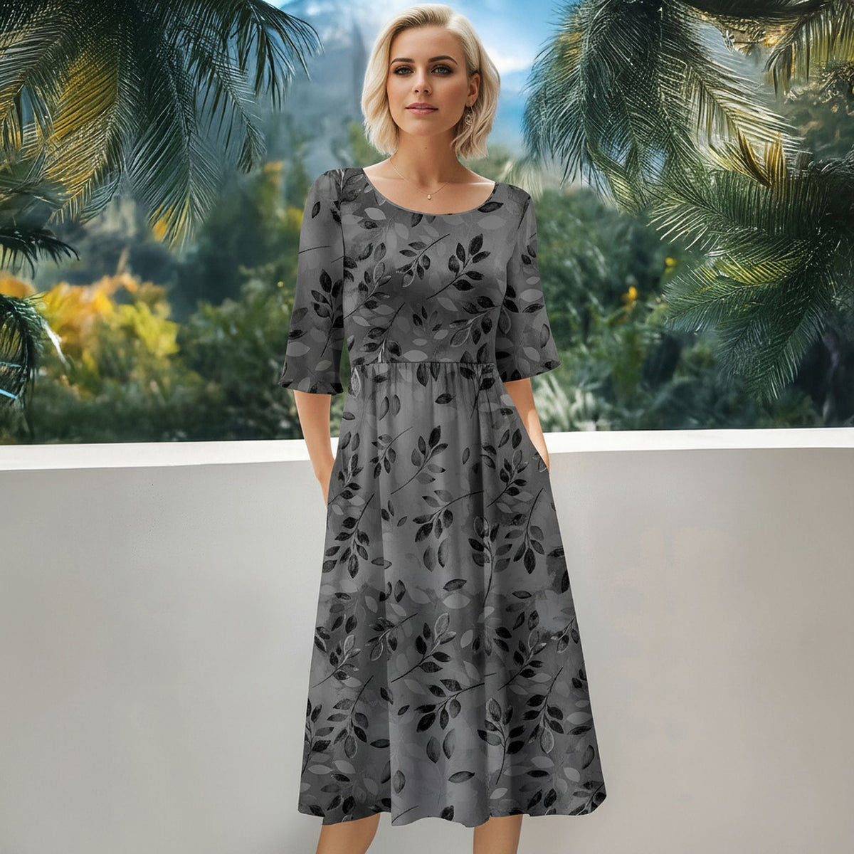 Three Quarter Sleeve Midi Dress with Pockets - Floral