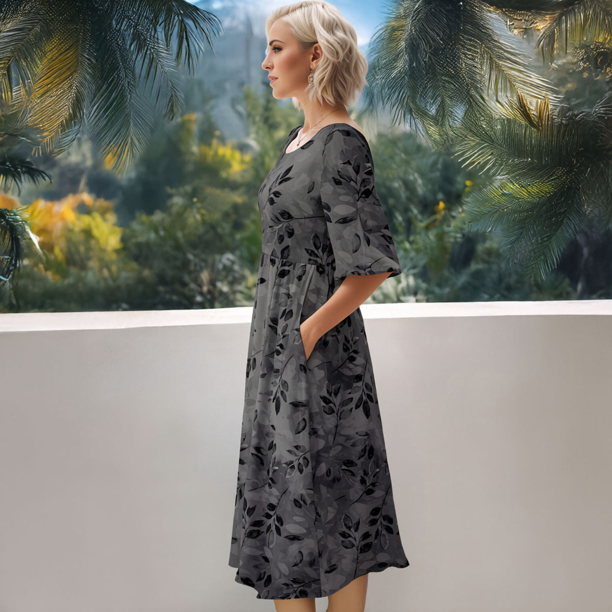 Three Quarter Sleeve Midi Dress with Pockets - Floral