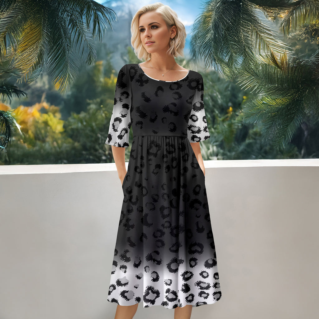 Three Quarter Sleeve Midi Dress with Pockets - Animal Print