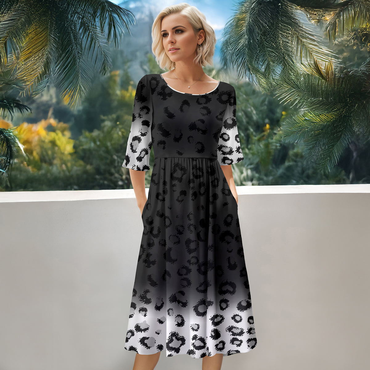 Three Quarter Sleeve Midi Dress with Pockets - Animal Print