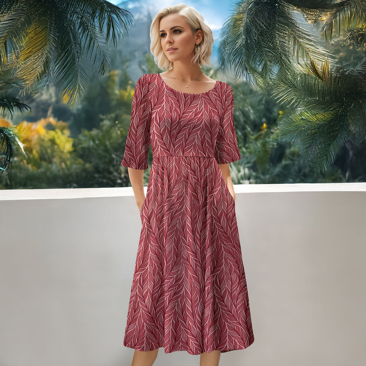 Three Quarter Sleeve Midi Dress with Pockets - Floral