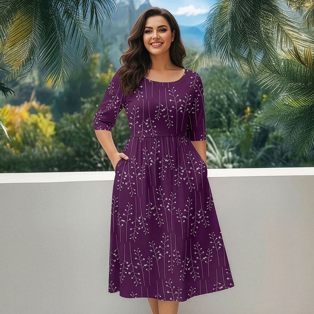 Three Quarter Sleeve Midi Dress with Pockets - Floral