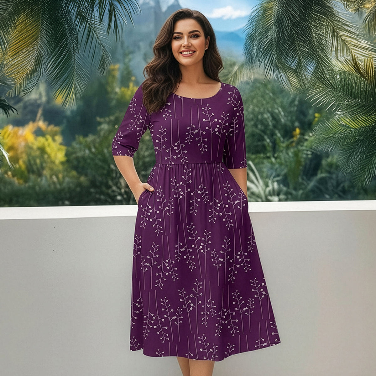 Three Quarter Sleeve Midi Dress with Pockets - Floral