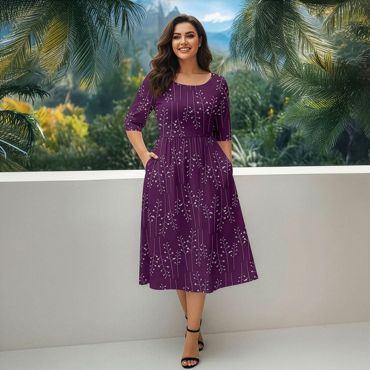 Three Quarter Sleeve Midi Dress with Pockets - Floral