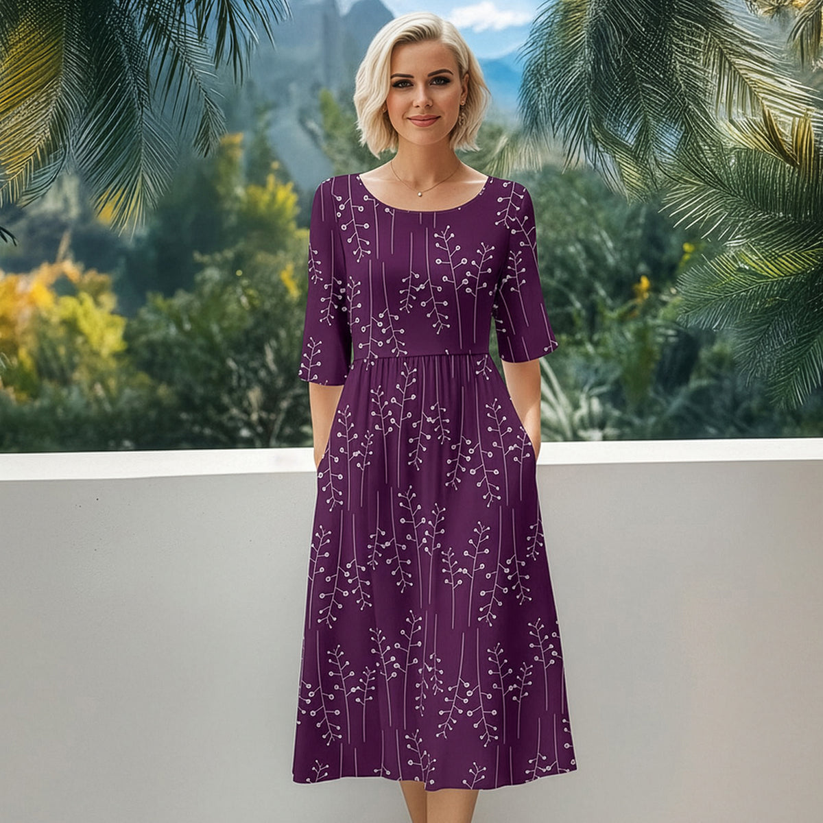 Three Quarter Sleeve Midi Dress with Pockets - Floral