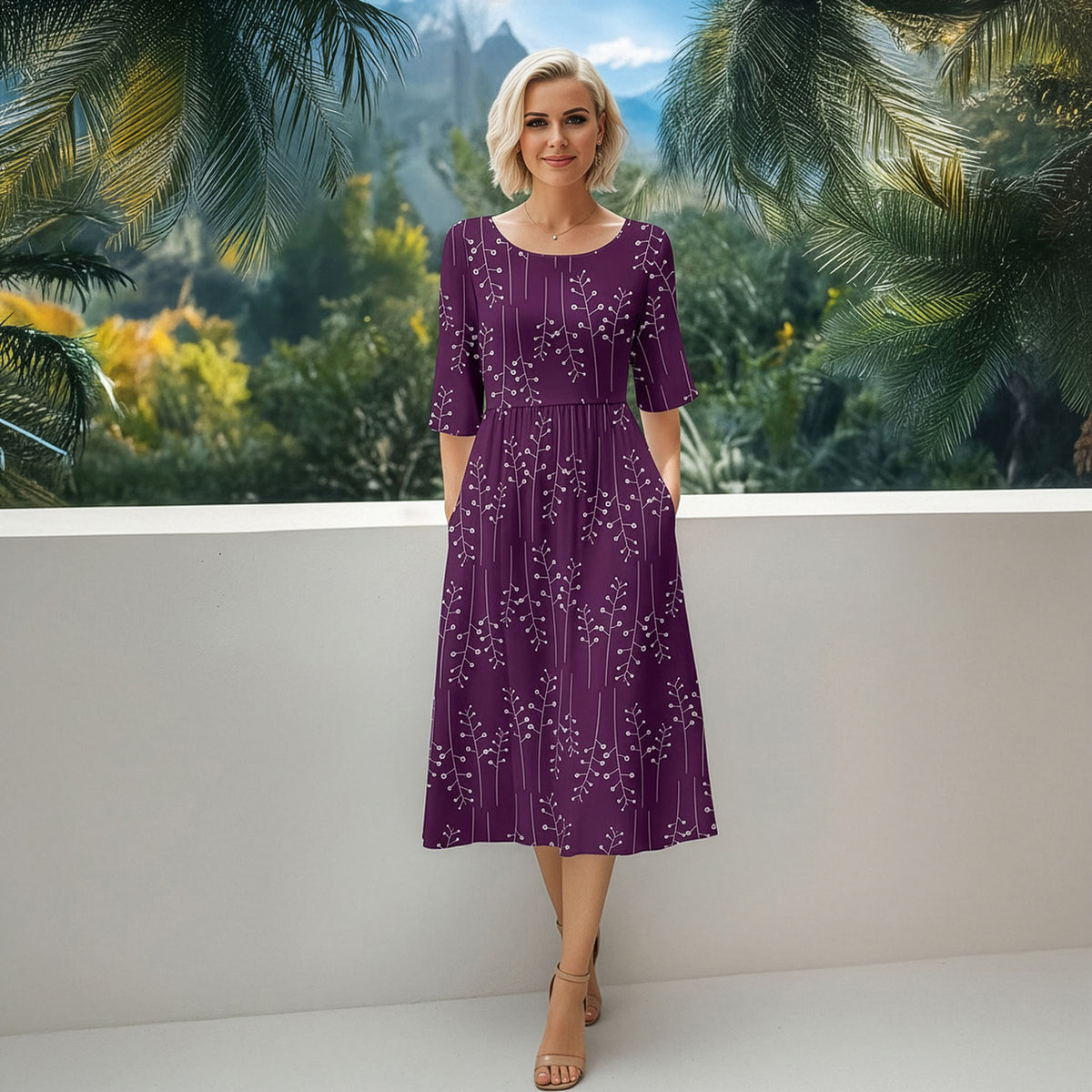 Three Quarter Sleeve Midi Dress with Pockets - Floral