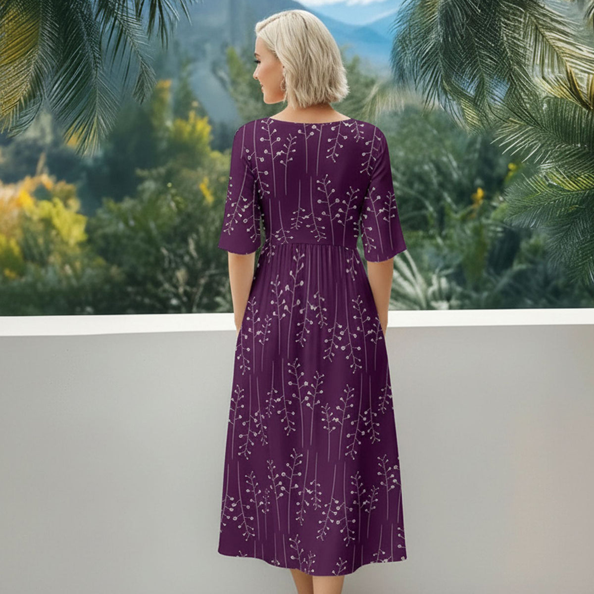 Three Quarter Sleeve Midi Dress with Pockets - Floral