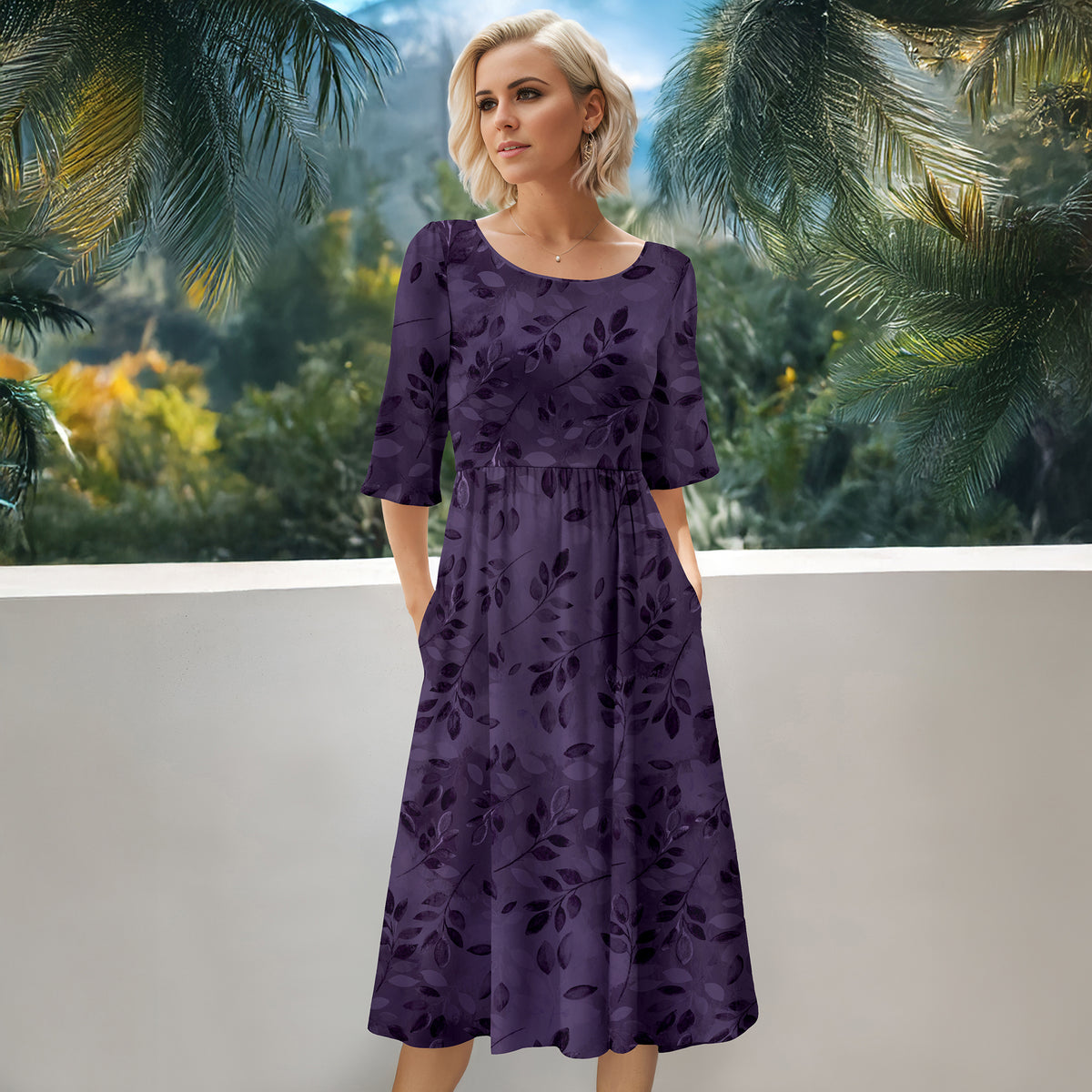 Three Quarter Sleeve Midi Dress with Pockets - Floral