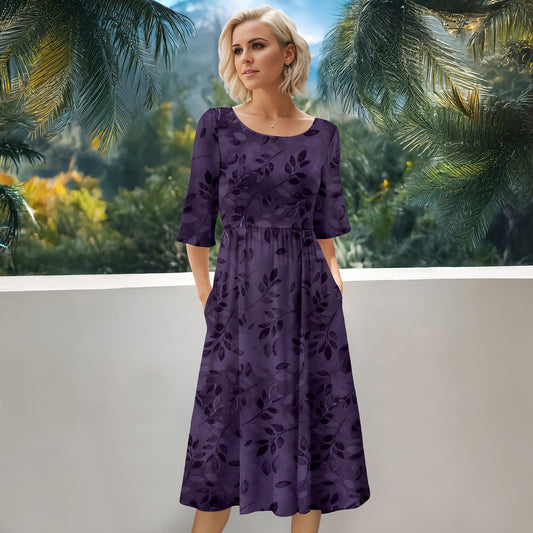 Three Quarter Sleeve Midi Dress with Pockets - Floral