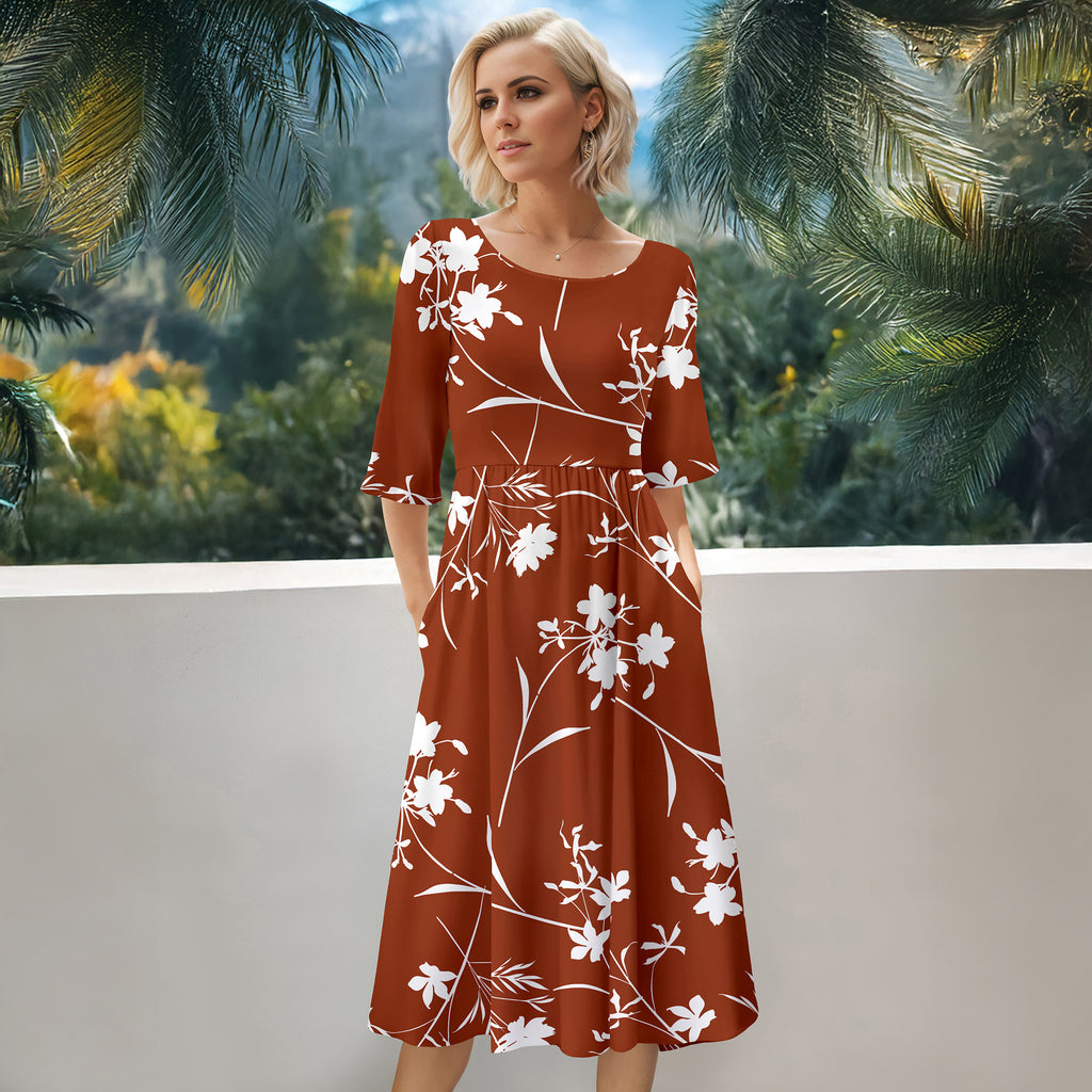 Three Quarter Sleeve Midi Dress with Pockets - Floral