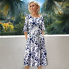 Three Quarter Sleeve Midi Dress with Pockets - Floral
