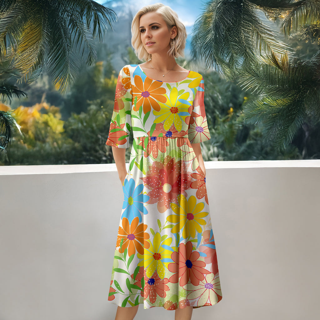 Three Quarter Sleeve Midi Dress with Pockets - Floral