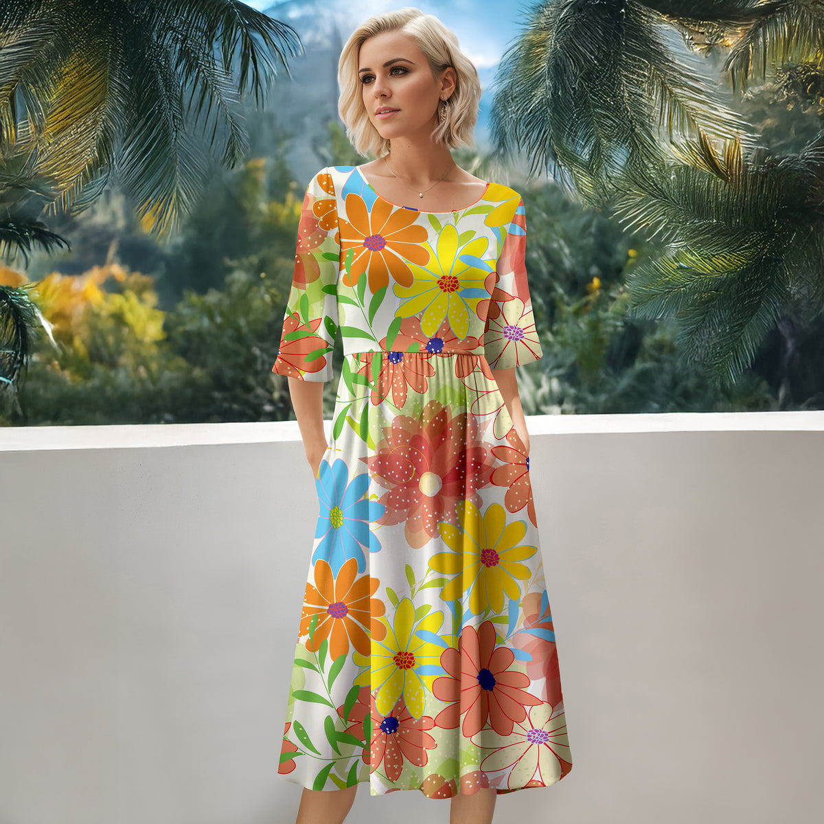 Three Quarter Sleeve Midi Dress with Pockets - Floral
