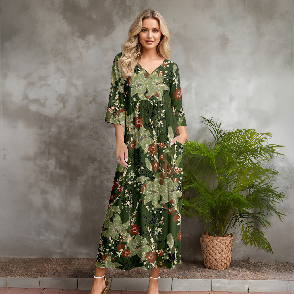 Three Quarter Sleeve V-neck Maxi Dress with Pockets - Floral