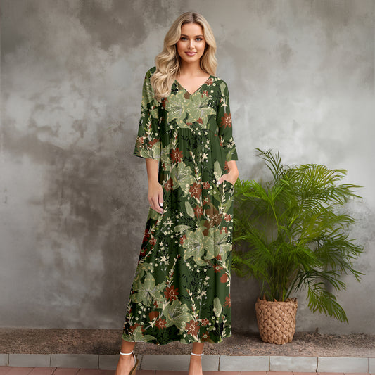 Three Quarter Sleeve V-neck Maxi Dress with Pockets - Floral