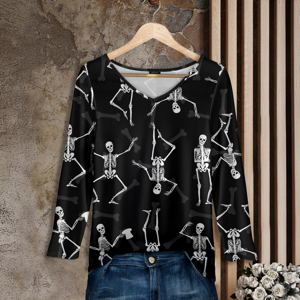 Long Sleeve V Neck Tunic - Skeletons