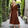 V Neck Three Quarter Sleeve Fit and Flare Midi Dress - Animal Print