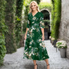 V Neck Three Quarter Sleeve Fit and Flare Midi Dress - Floral