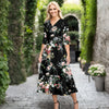 V Neck Three Quarter Sleeve Fit and Flare Midi Dress - Floral