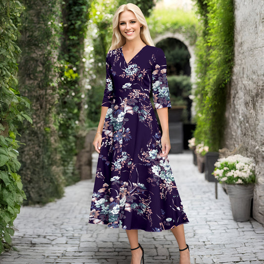 V Neck Three Quarter Sleeve Fit and Flare Midi Dress - Floral