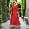 V Neck Three Quarter Sleeve Fit and Flare Midi Dress