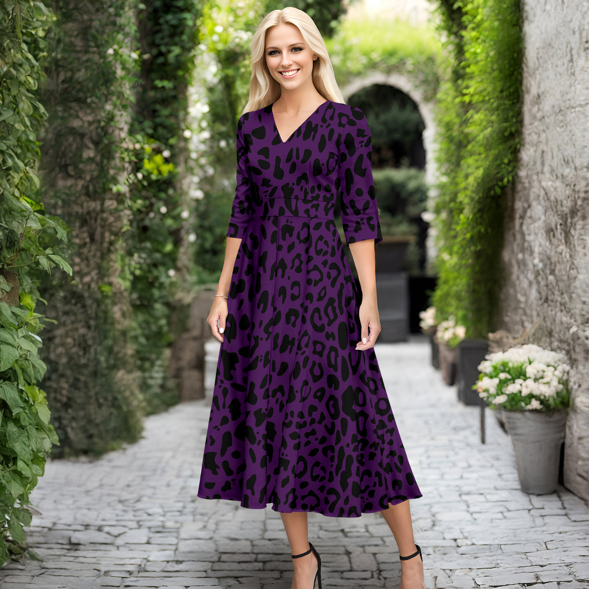 V Neck Three Quarter Sleeve Fit and Flare Midi Dress - Animal Print
