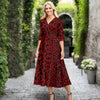 V Neck Three Quarter Sleeve Fit and Flare Midi Dress - Animal Print