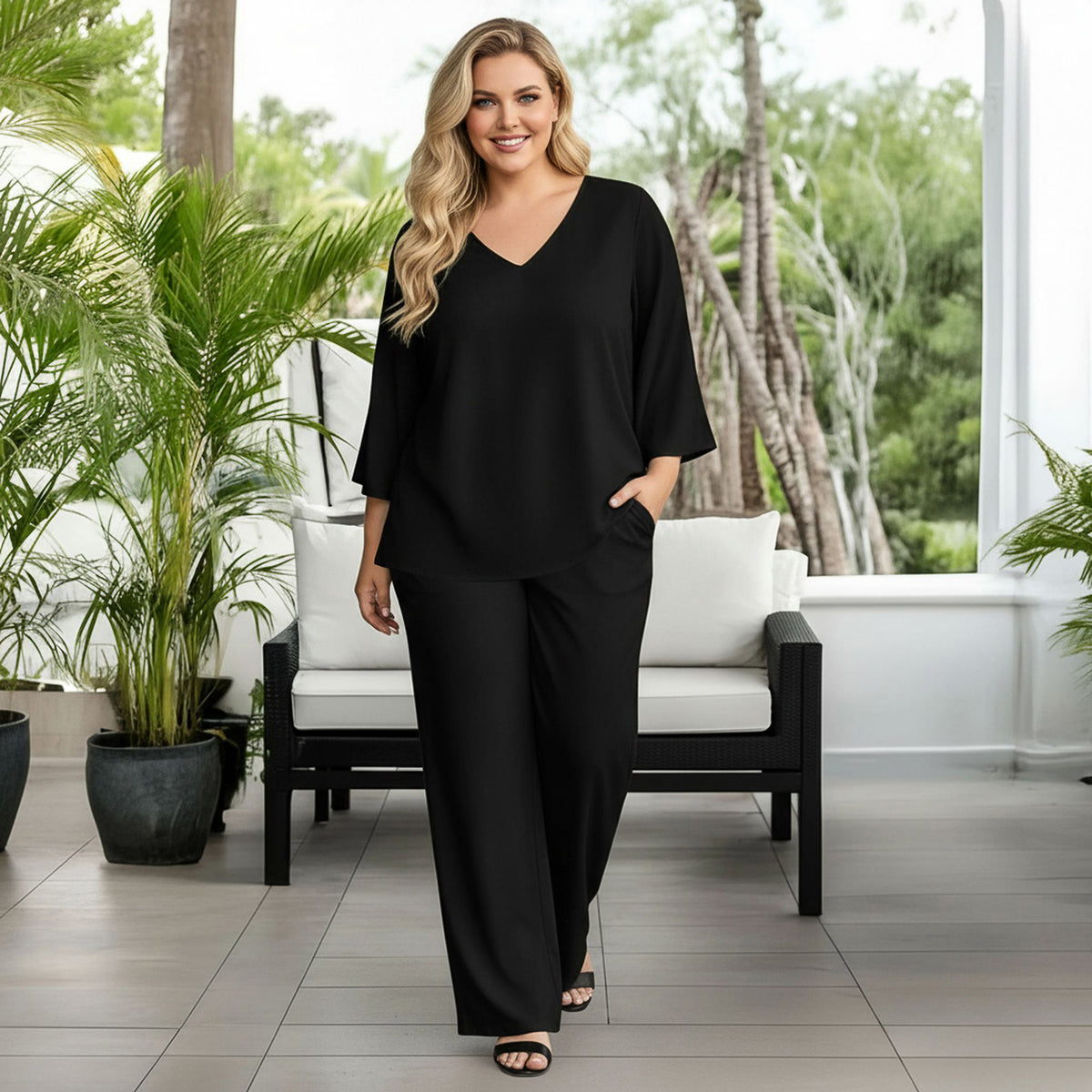 2 Piece Set Set - V-neck Top and Straight Leg Pants with Pockets