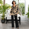 2 Piece Set Set - V-neck Top and Straight Leg Pants with Pockets - Abstract