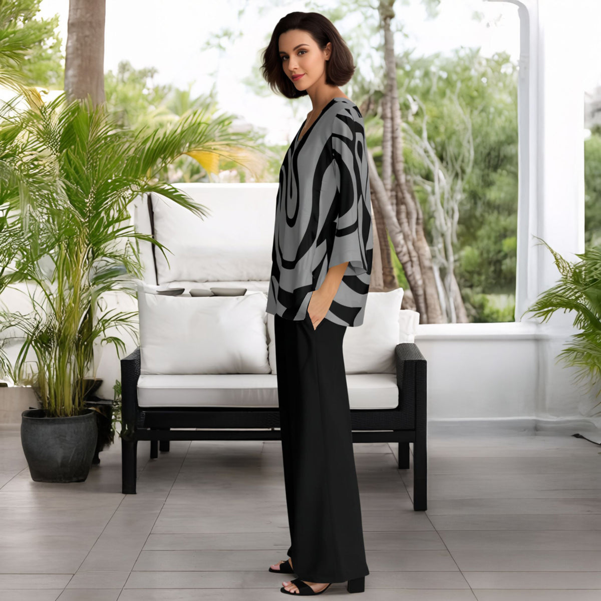 2 Piece Set Set - V-neck Top and Straight Leg Pants with Pockets - Abstract