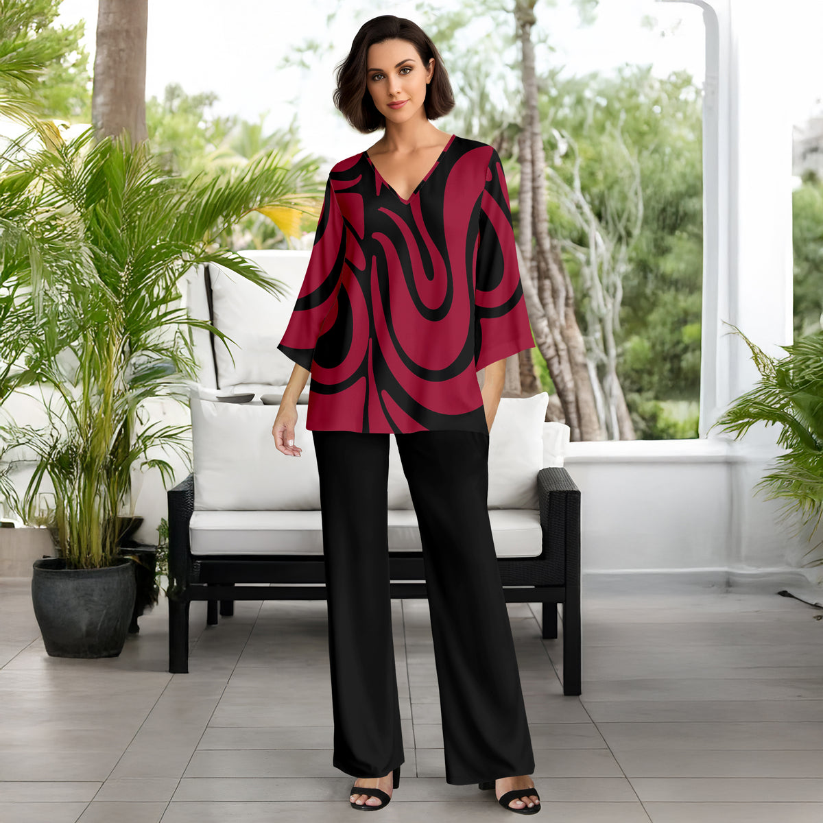 2 Piece Set Set - V-neck Top and Straight Leg Pants with Pockets - Abstract