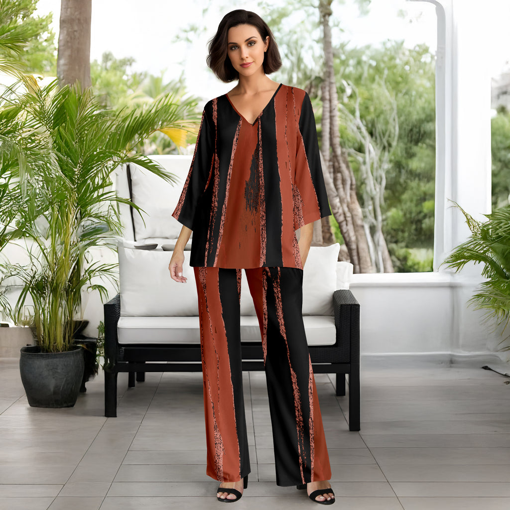 2 Piece Set Set - V-neck Top and Straight Leg Pants with Pockets - Abstract