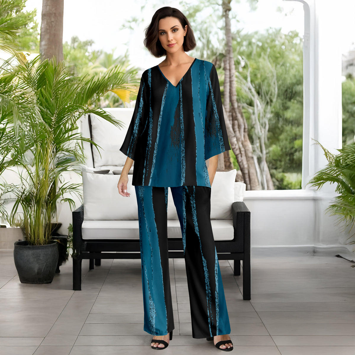 2 Piece Set Set - V-neck Top and Straight Leg Pants with Pockets - Abstract