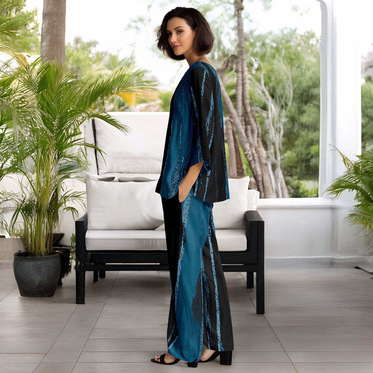 2 Piece Set Set - V-neck Top and Straight Leg Pants with Pockets - Abstract