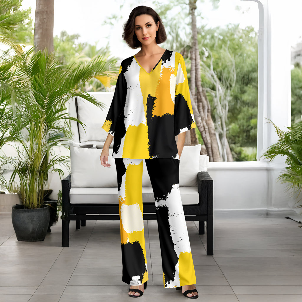 2 Piece Set Set - V-neck Top and Straight Leg Pants with Pockets - Abstract