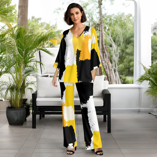 2 Piece Set Set - V-neck Top and Straight Leg Pants with Pockets - Abstract