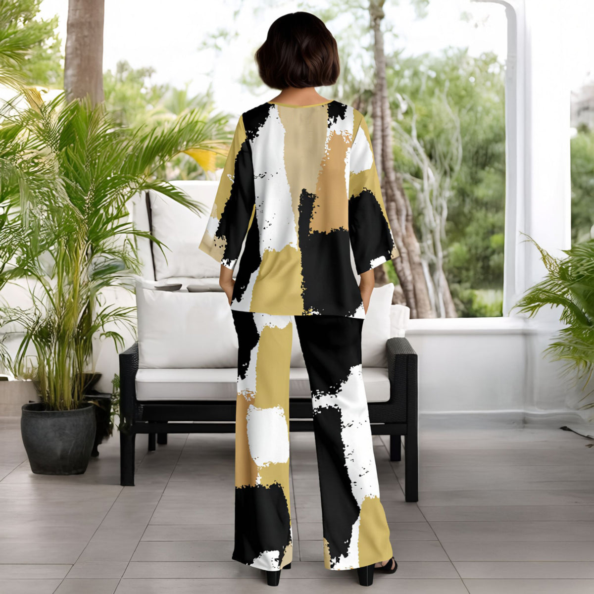 2 Piece Set Set - V-neck Top and Straight Leg Pants with Pockets - Abstract