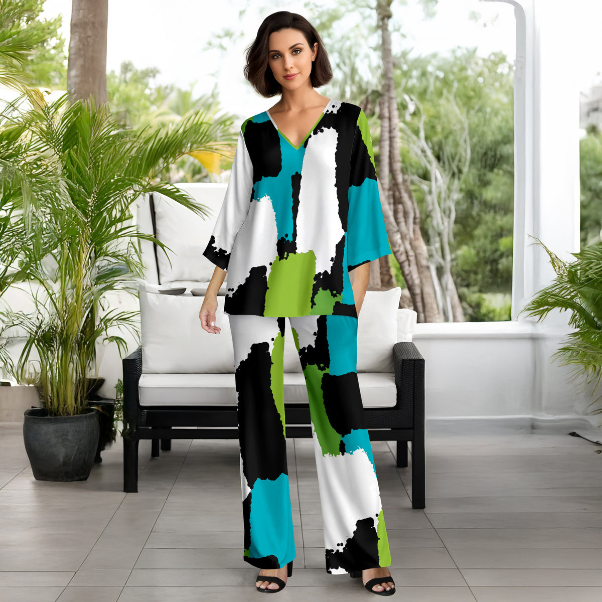 2 Piece Set Set - V-neck Top and Straight Leg Pants with Pockets - Abstract