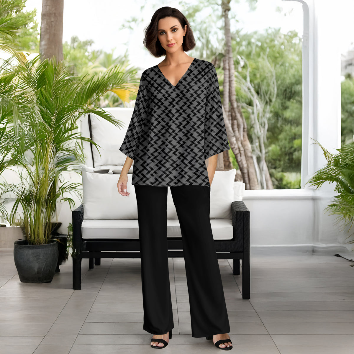 2 Piece Set Set - V-neck Top and Straight Leg Pants with Pockets - Houndstooth