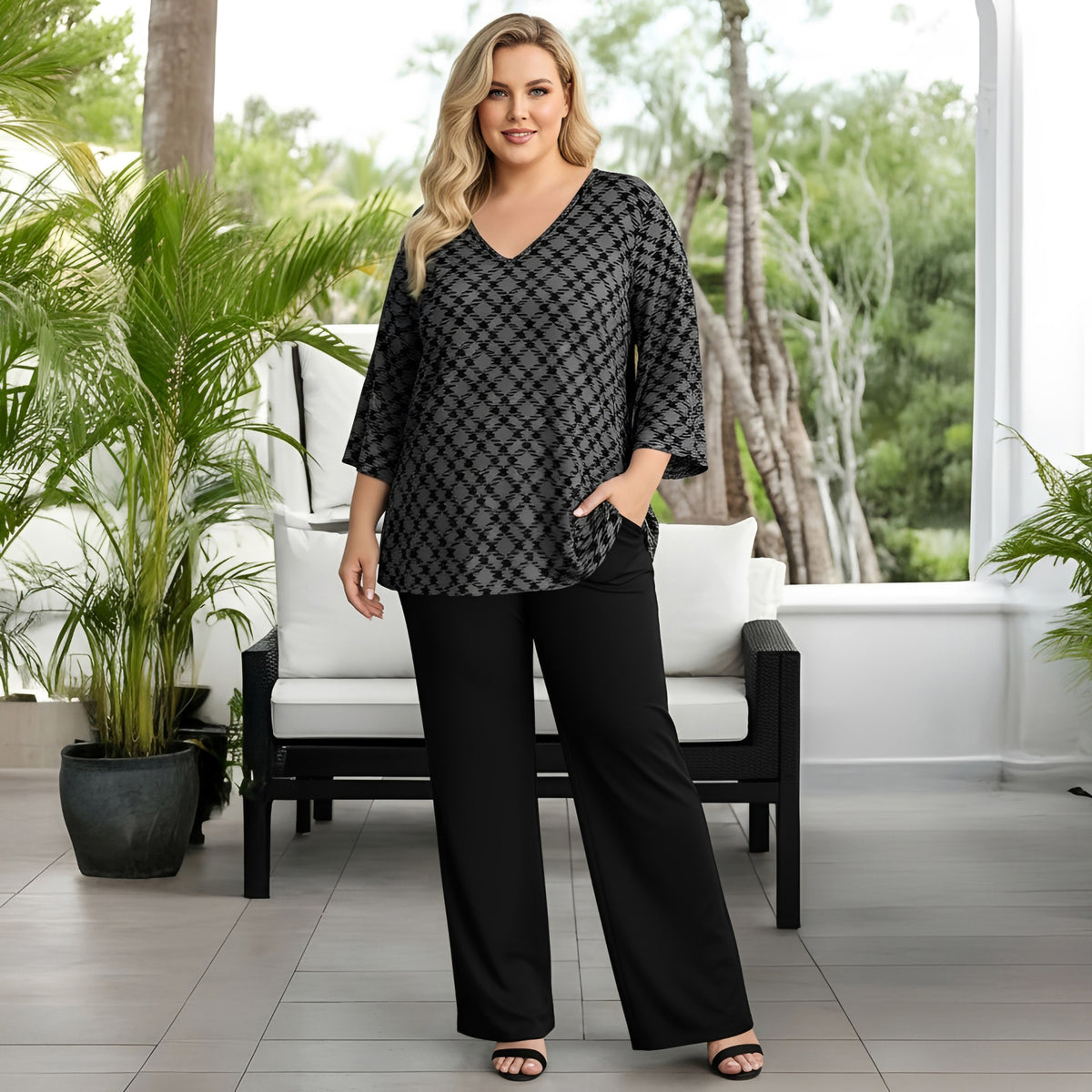 2 Piece Set Set - V-neck Top and Straight Leg Pants with Pockets - Houndstooth