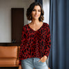 Long Sleeve V Neck Top - Animal Print