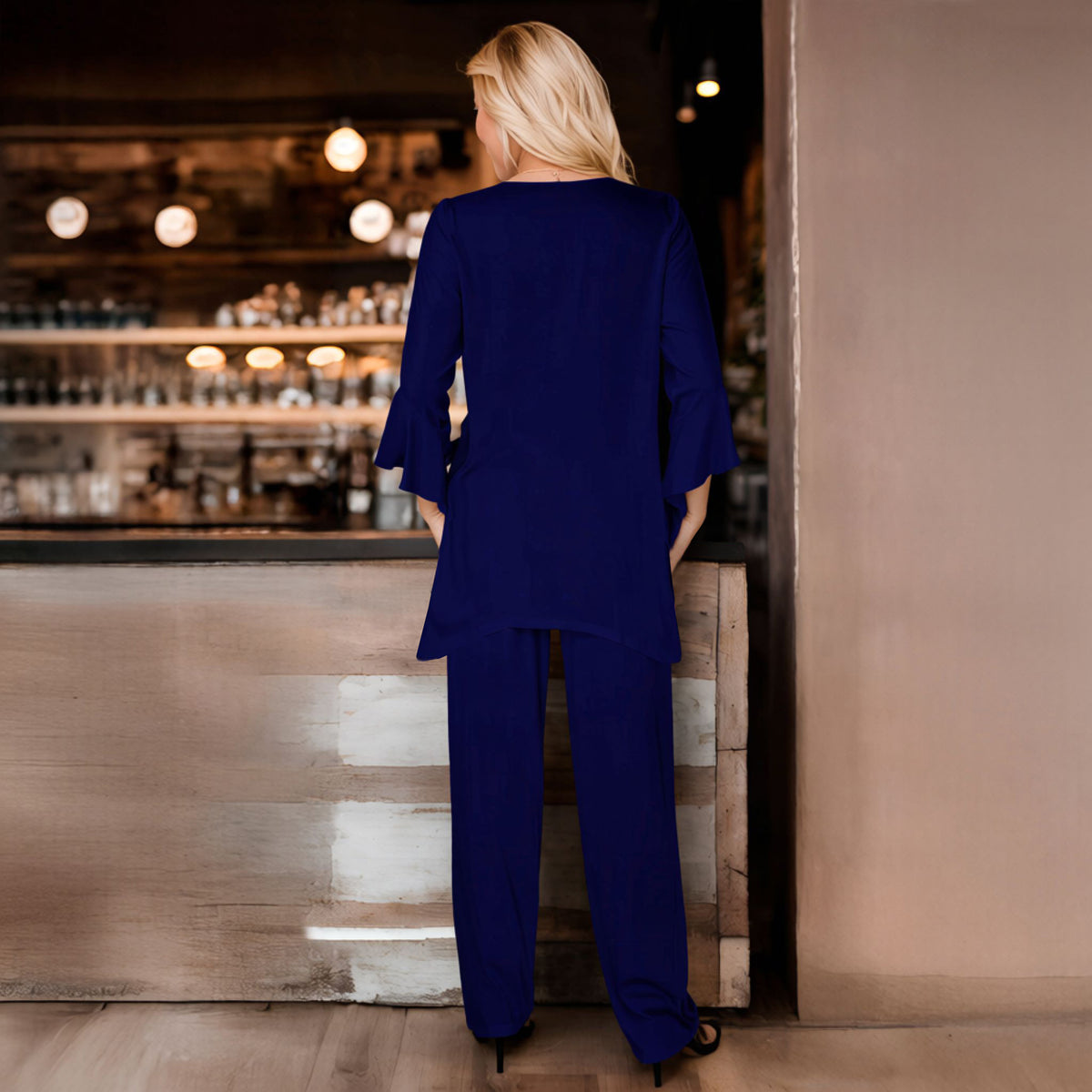 2 Piece Set - Three Quarter Length Bell-Sleeve Top and Pocket Pants