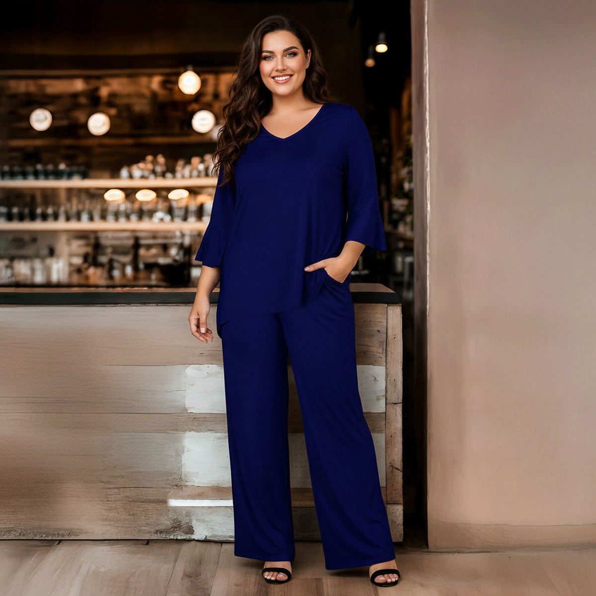 2 Piece Set - Three Quarter Length Bell-Sleeve Top and Pocket Pants