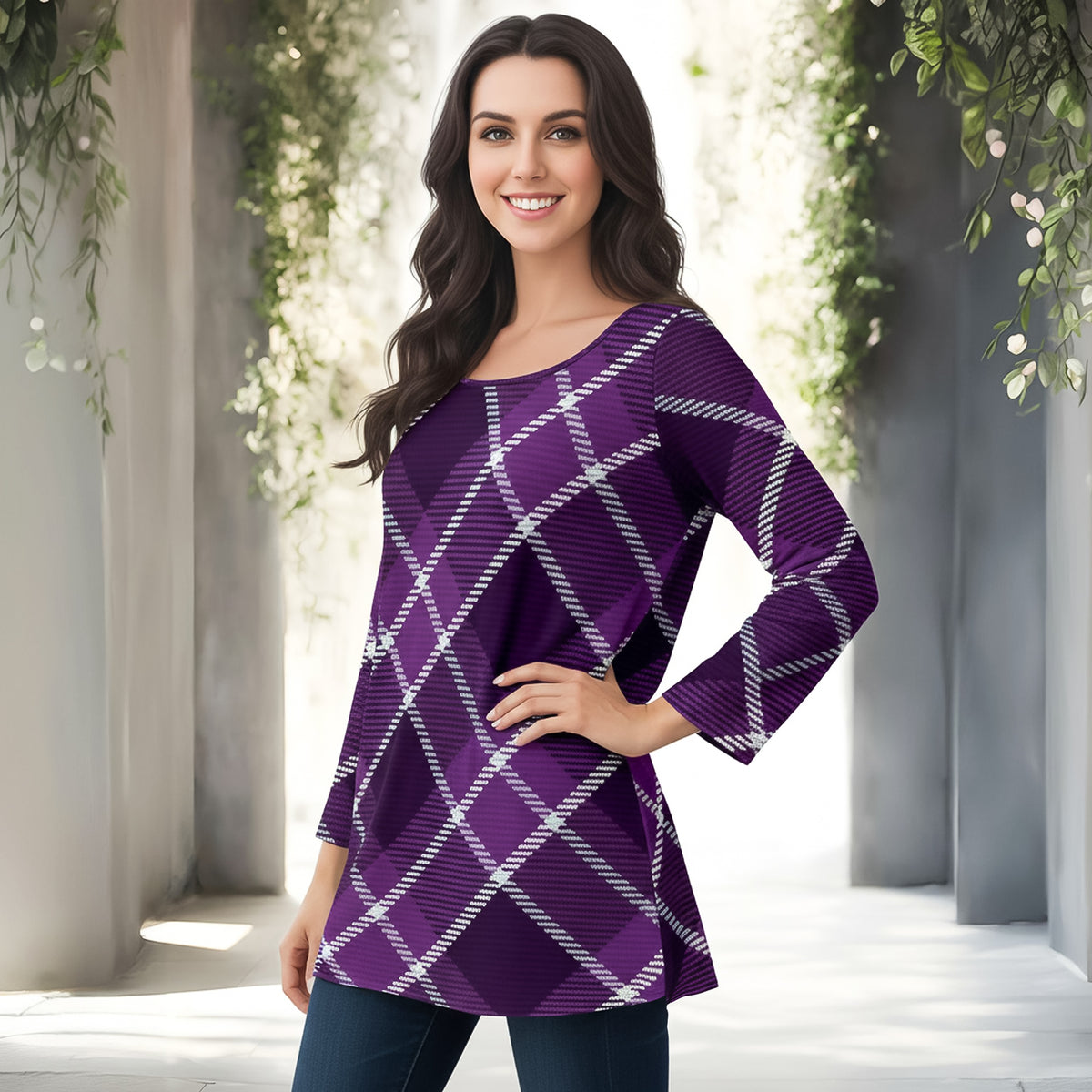 Long Sleeve Round Neck Tunic - Plaid