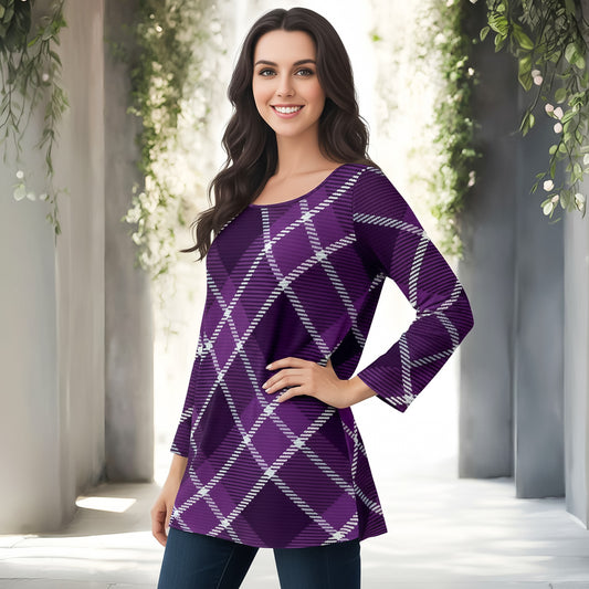 Long Sleeve Round Neck Tunic - Plaid